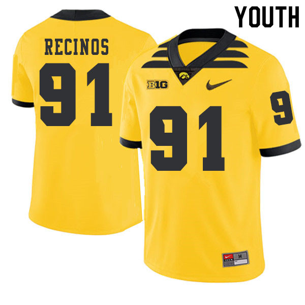 2019 Youth #91 Miguel Recinos Iowa Hawkeyes College Football Alternate Jerseys Sale-Gold - Click Image to Close